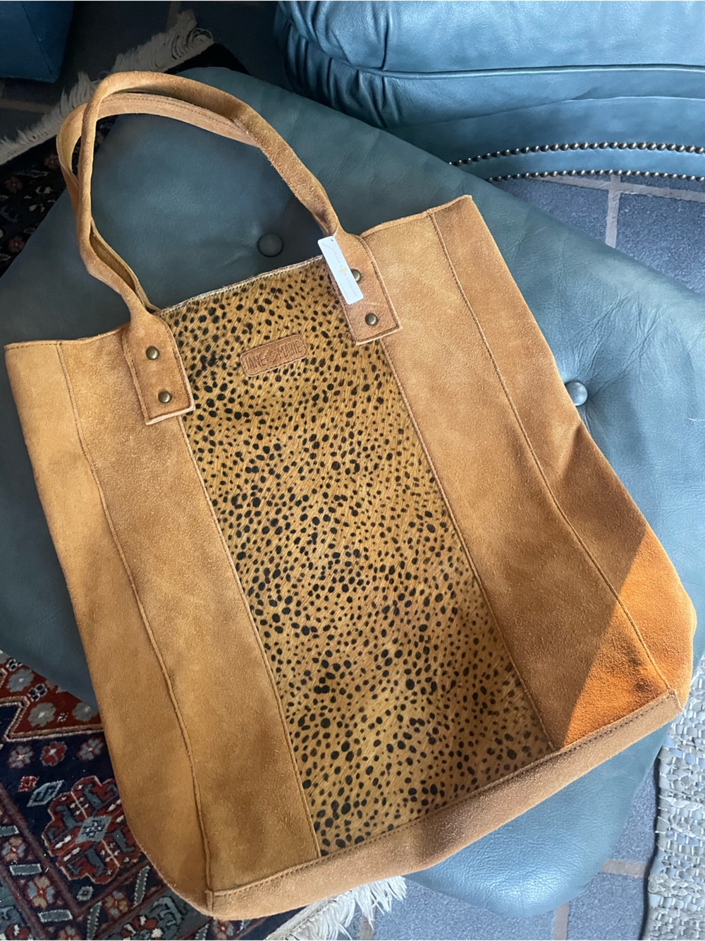 Suede Leopard-Panel Tote in Tan